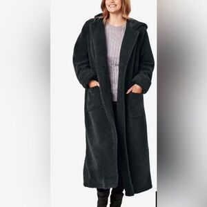 WOMAN WITHIN HEATHER CHARCOAL LONG HOODED BERBER FLEECE COAT  Sz#L Black New